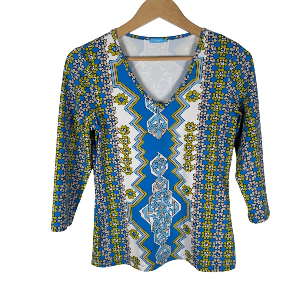 J.McLaughlin Floral Geometric V-Neck 3/4 Sleeve Top Womens Small Catalina Blue